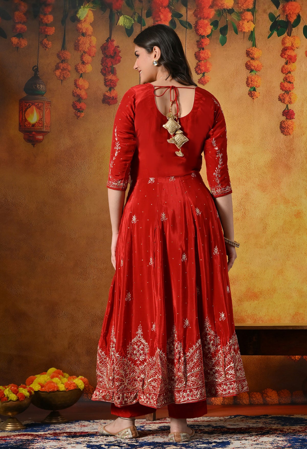 Red Anarkali In Soft Crepe, Embellished With Intricate Zardozi & Metallic Dabka Embroidery Work