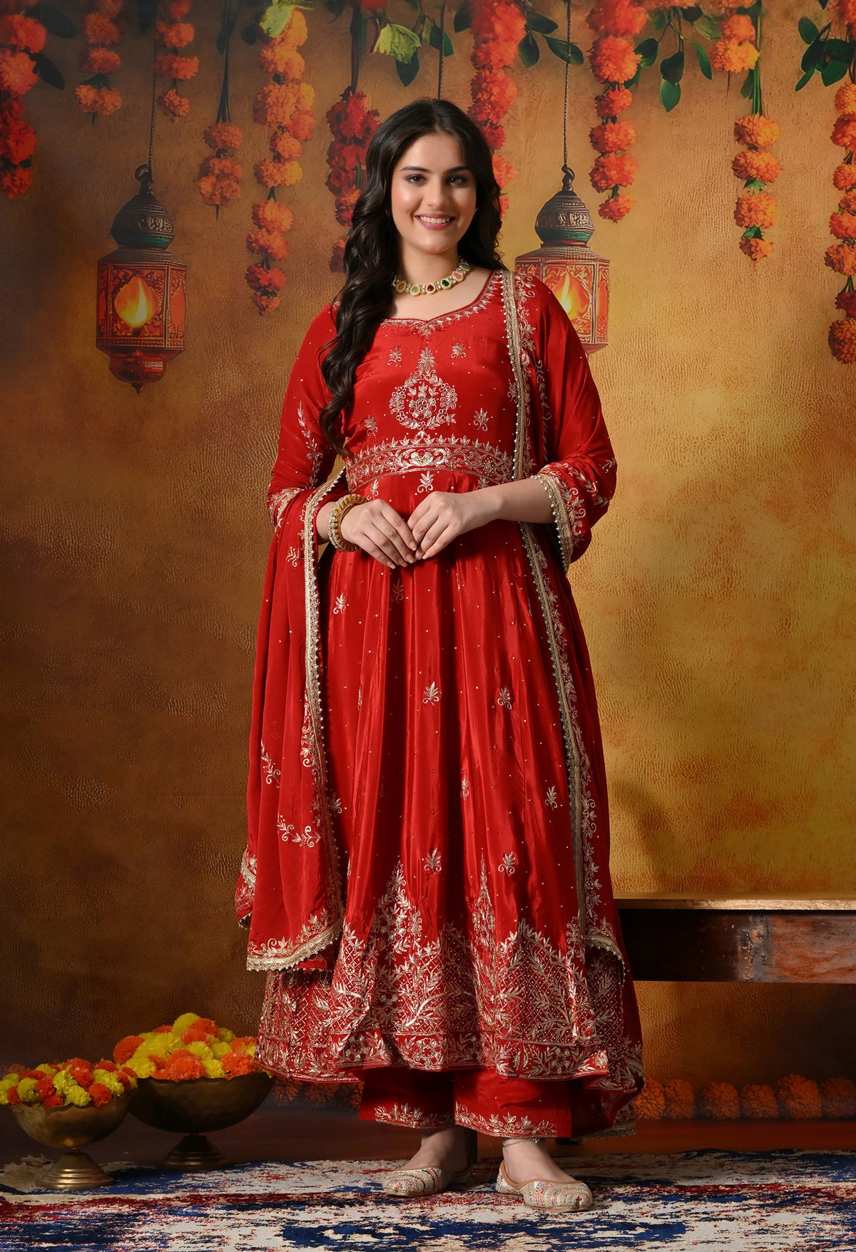 Red Anarkali In Soft Crepe, Embellished With Intricate Zardozi & Metallic Dabka Embroidery Work