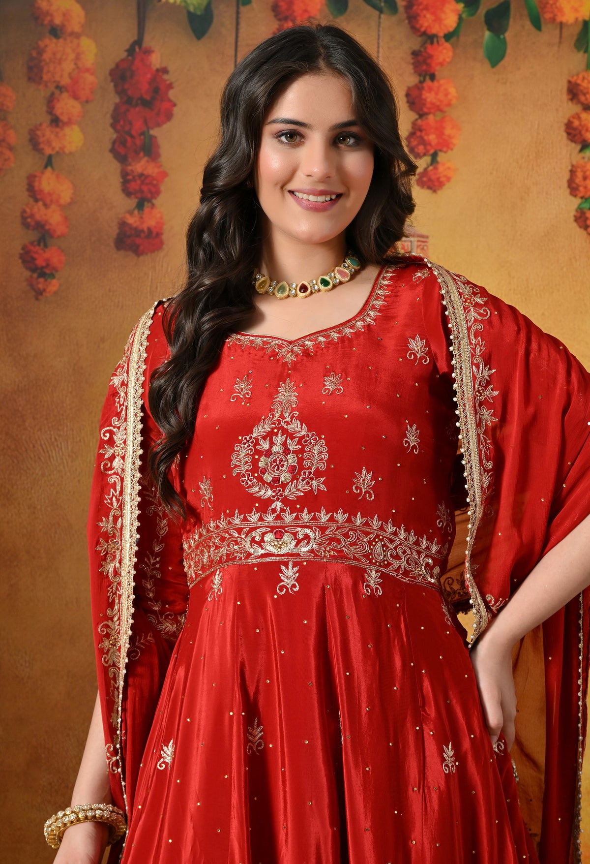 Red Anarkali In Soft Crepe, Embellished With Intricate Zardozi & Metallic Dabka Embroidery Work