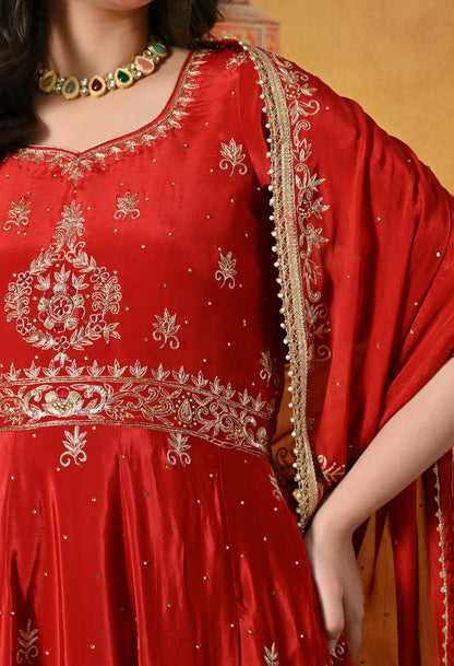 Red Anarkali In Soft Crepe, Embellished With Intricate Zardozi & Metallic Dabka Embroidery Work