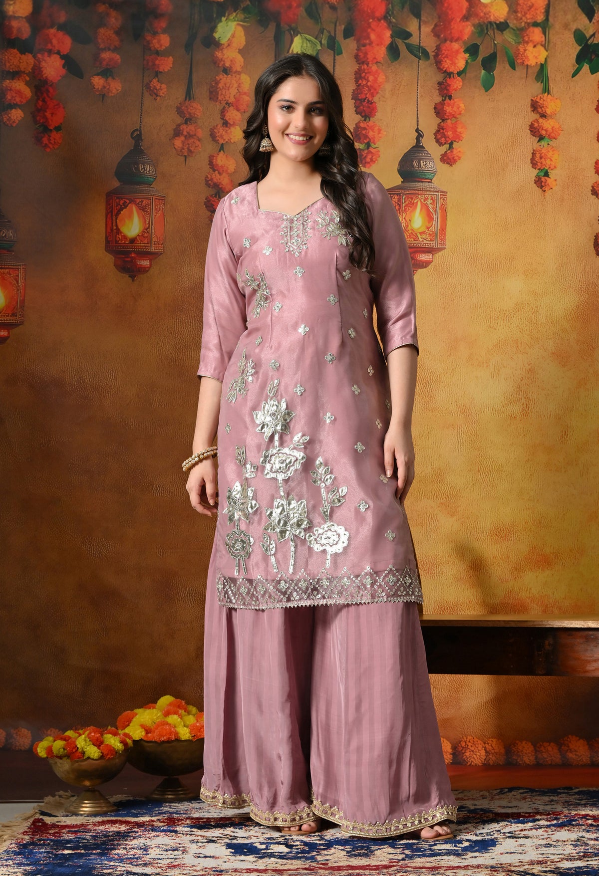 Subtle Dusty Pink Sharara Set With Gotta & Crystal Work