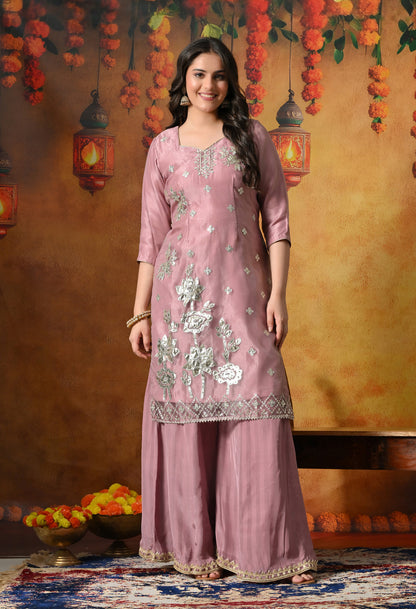 Subtle Dusty Pink Sharara Set With Gotta & Crystal Work
