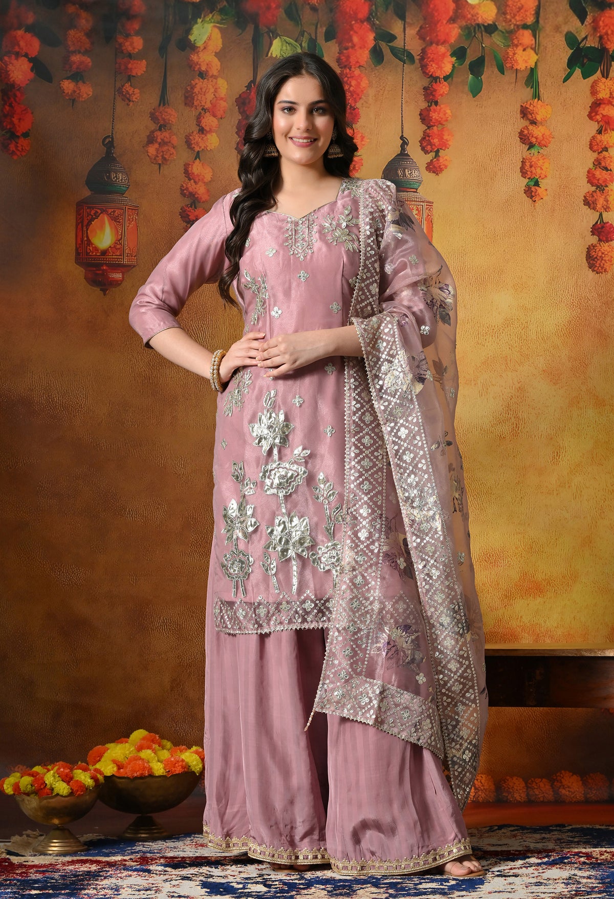 Subtle Dusty Pink Sharara Set With Gotta & Crystal Work
