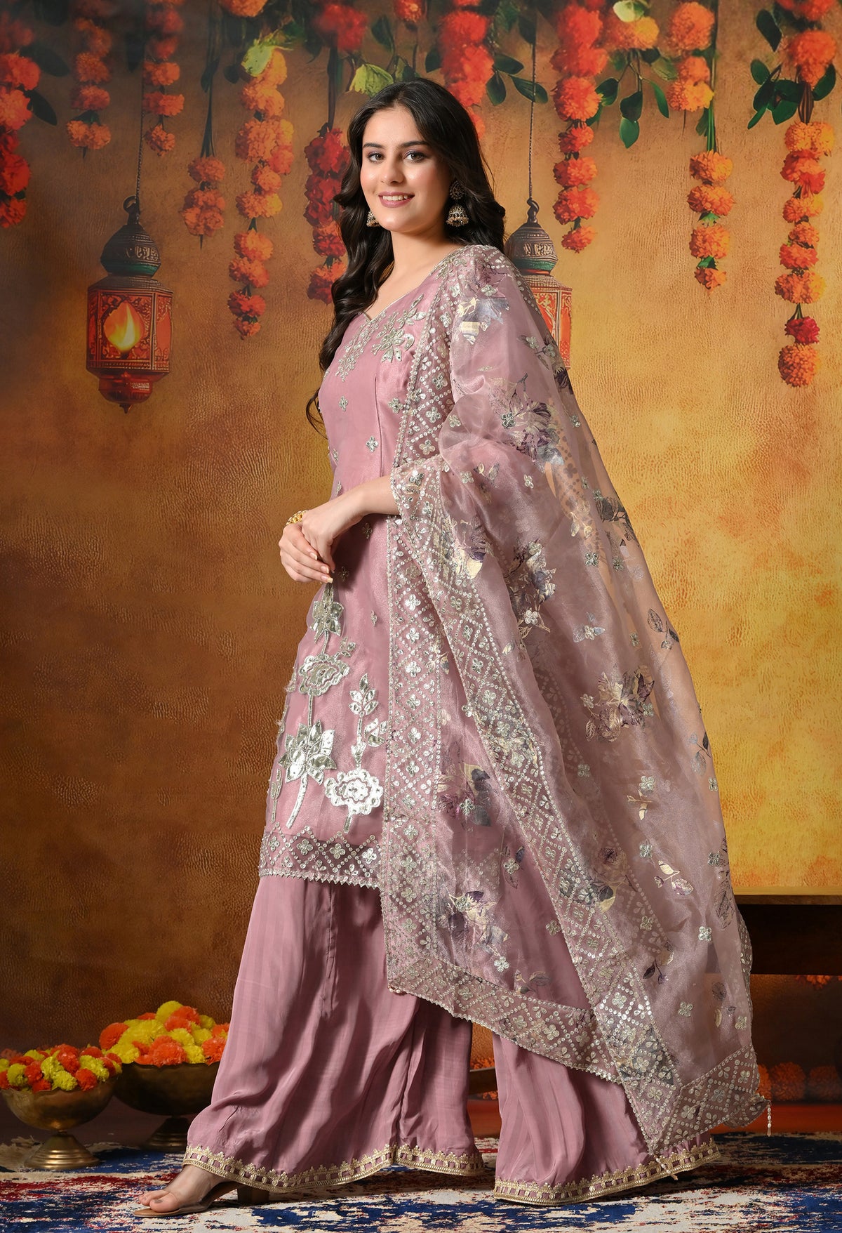 Subtle Dusty Pink Sharara Set With Gotta & Crystal Work