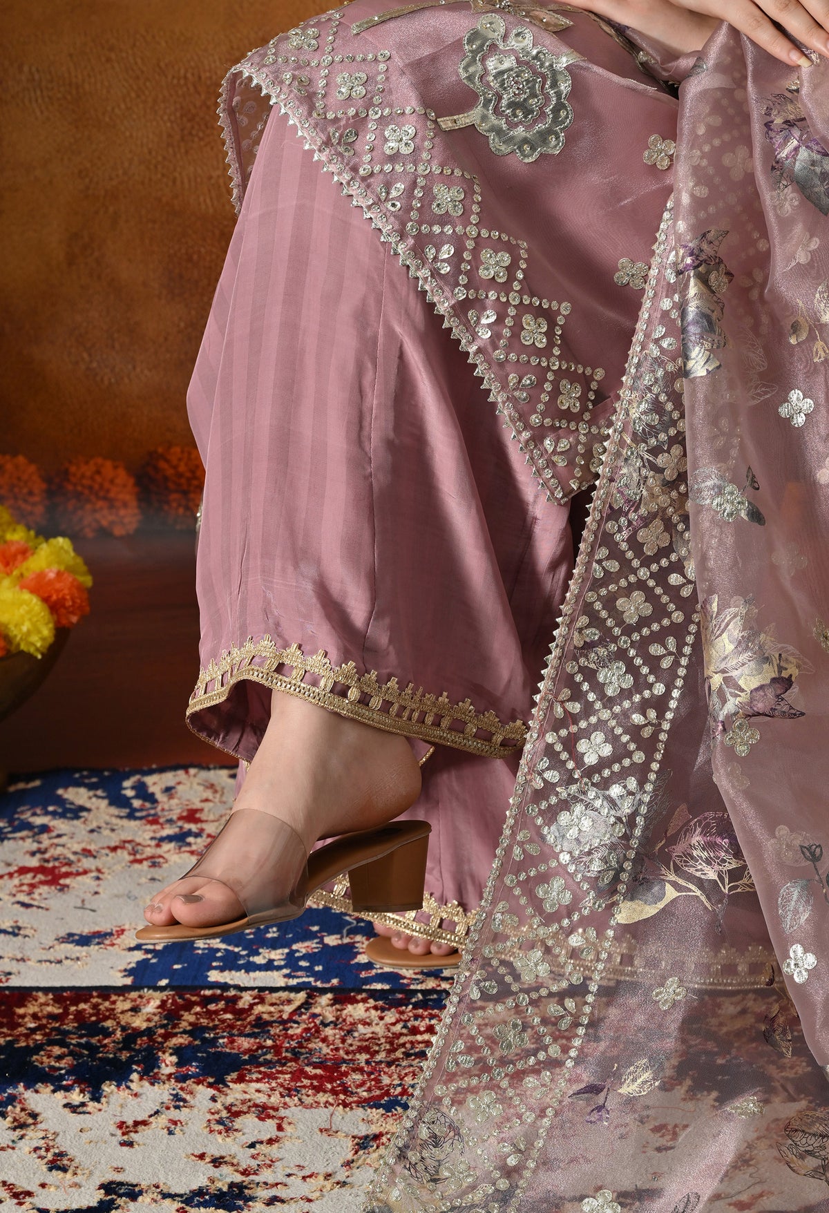 Subtle Dusty Pink Sharara Set With Gotta & Crystal Work