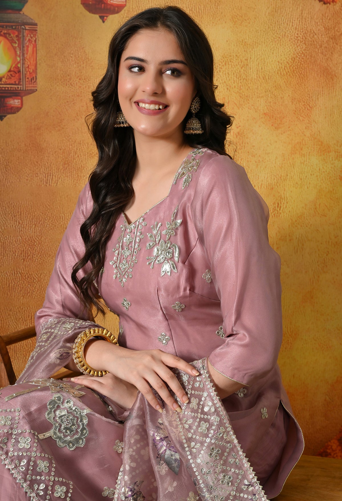 Subtle Dusty Pink Sharara Set With Gotta & Crystal Work