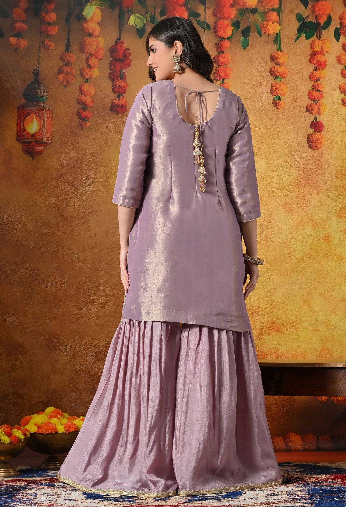 Pastel Lilac Gharara Set With Delicate Floral Embroidery & Subtle Embellishments