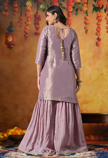 Pastel Lilac Gharara Set With Delicate Floral Embroidery & Subtle Embellishments