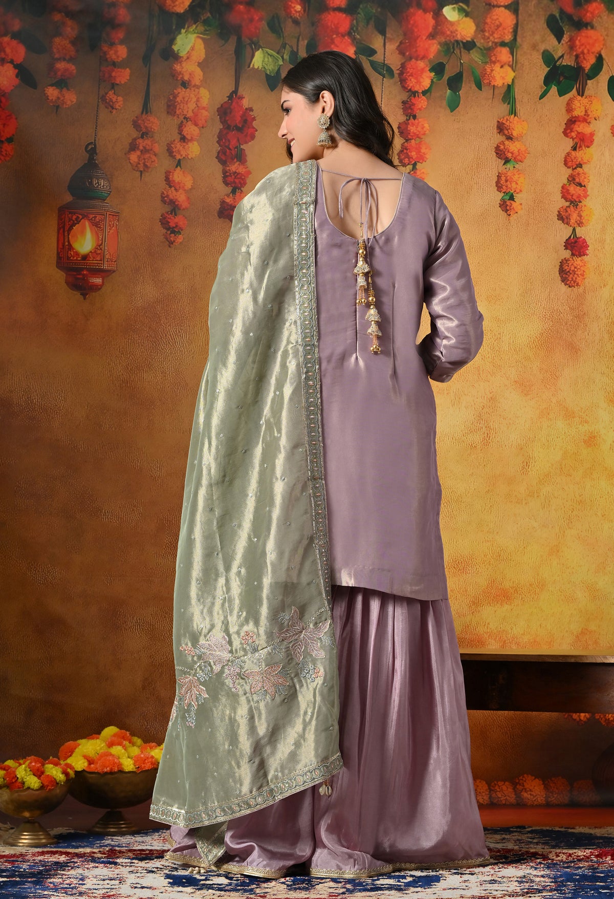 Pastel Lilac Gharara Set With Delicate Floral Embroidery & Subtle Embellishments
