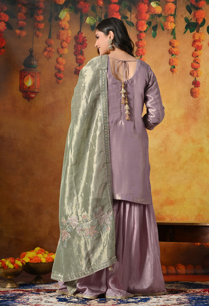 Pastel Lilac Gharara Set With Delicate Floral Embroidery & Subtle Embellishments