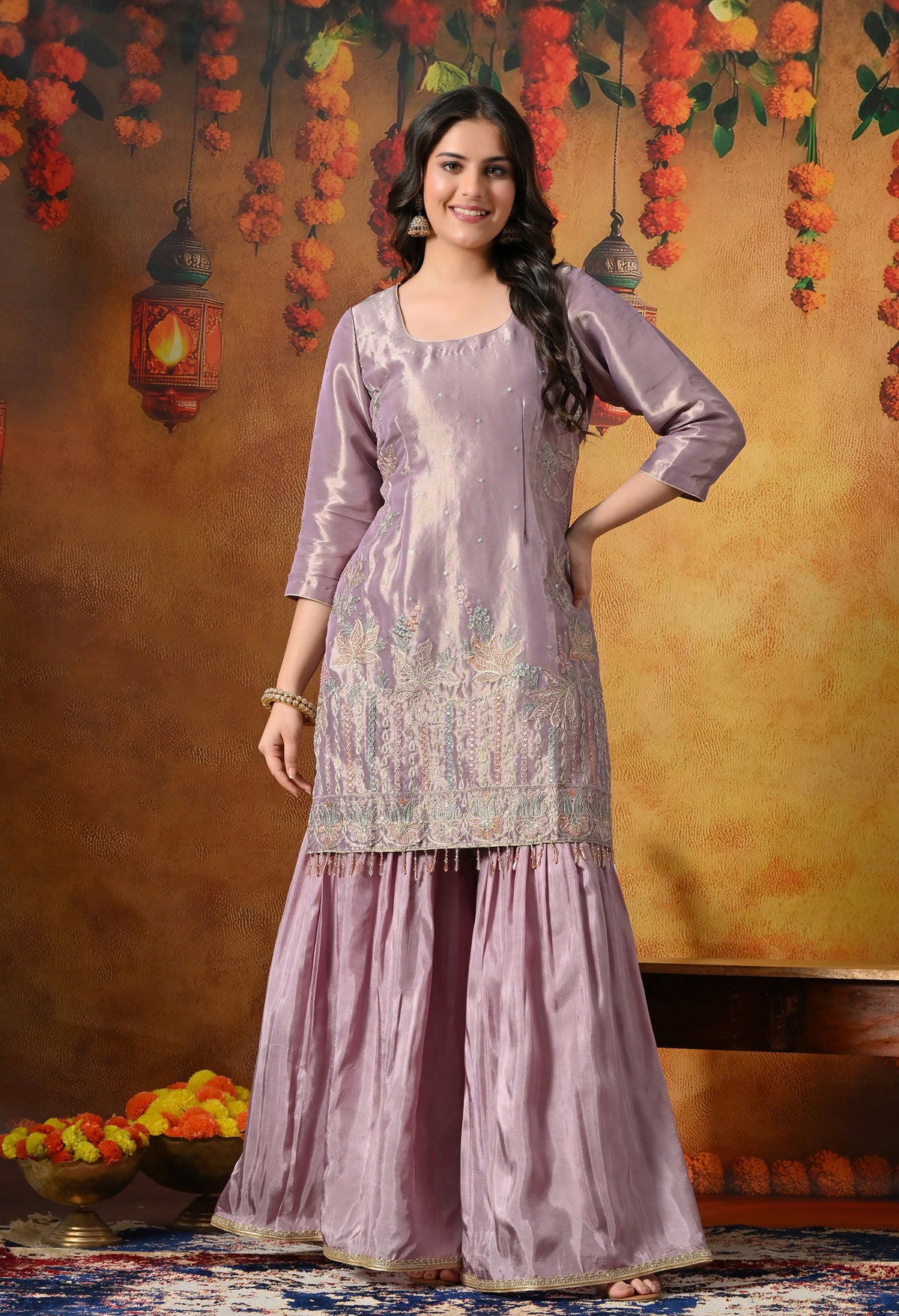 Pastel Lilac Gharara Set With Delicate Floral Embroidery & Subtle Embellishments