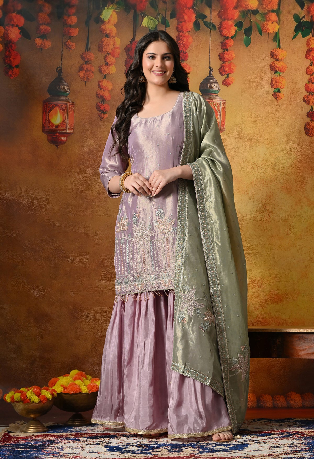 Pastel Lilac Gharara Set With Delicate Floral Embroidery & Subtle Embellishments