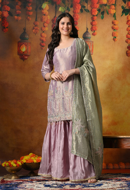 Pastel Lilac Gharara Set With Delicate Floral Embroidery & Subtle Embellishments
