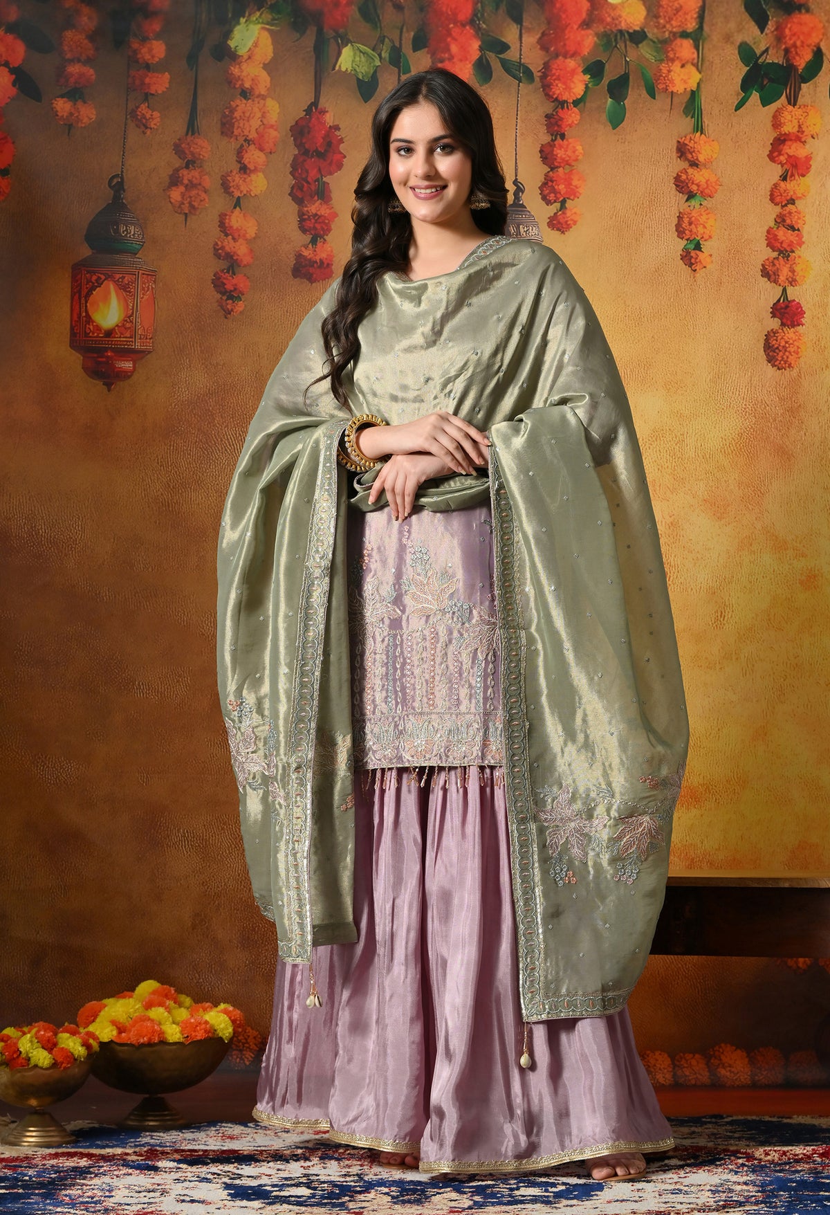 Pastel Lilac Gharara Set With Delicate Floral Embroidery & Subtle Embellishments
