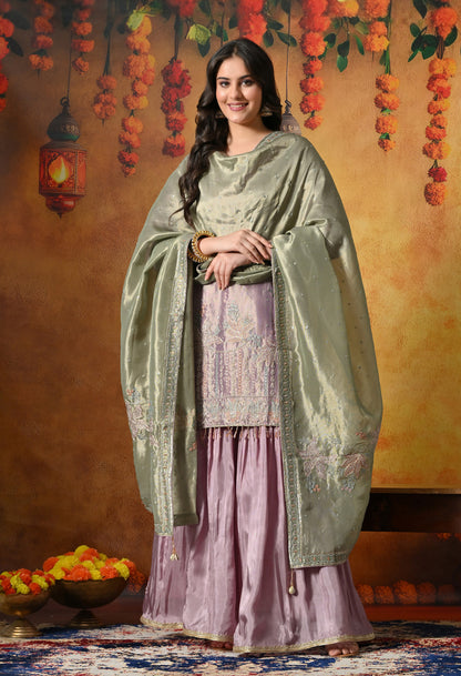 Pastel Lilac Gharara Set With Delicate Floral Embroidery & Subtle Embellishments