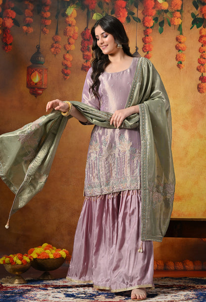 Pastel Lilac Gharara Set With Delicate Floral Embroidery & Subtle Embellishments