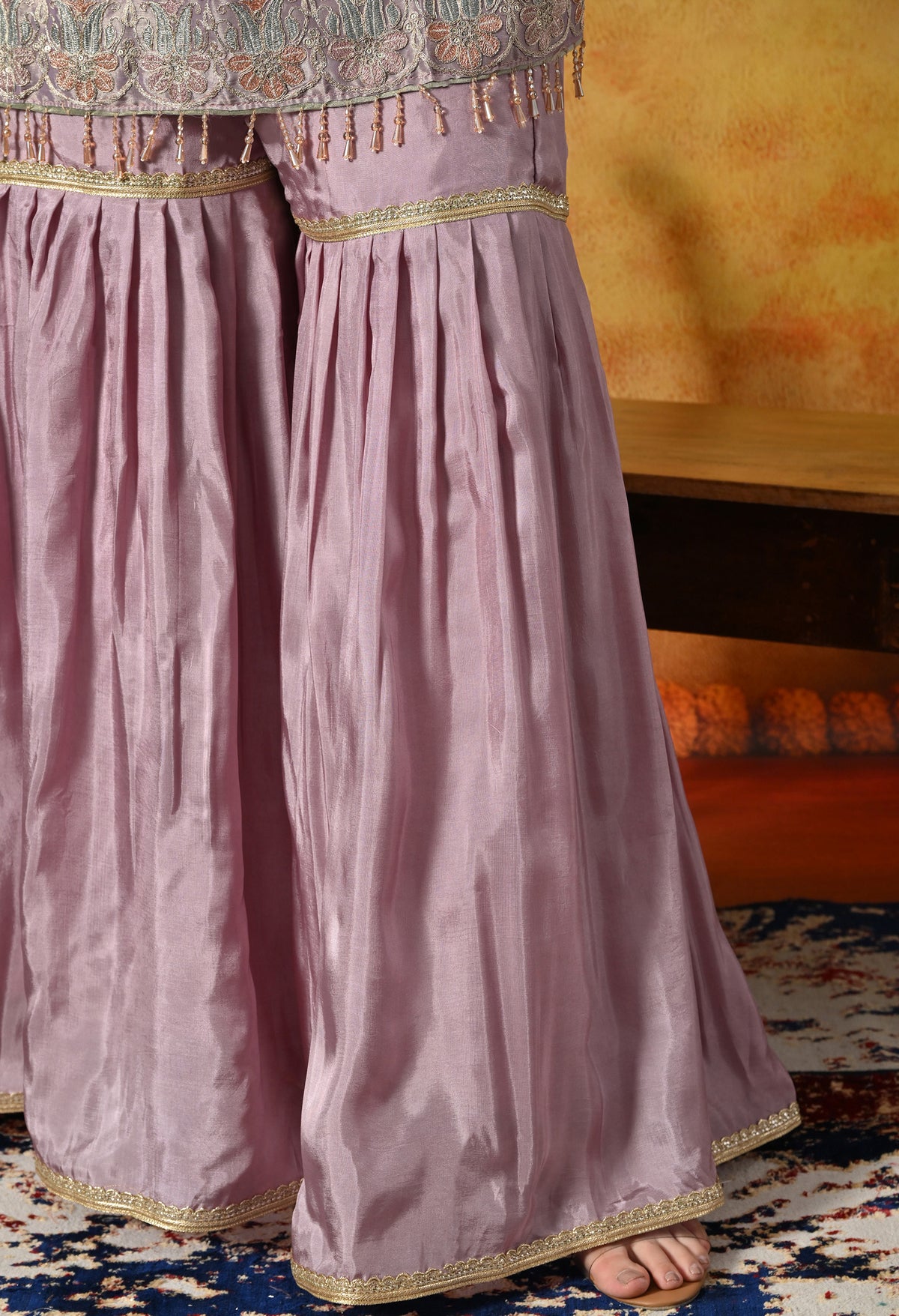 Pastel Lilac Gharara Set With Delicate Floral Embroidery & Subtle Embellishments