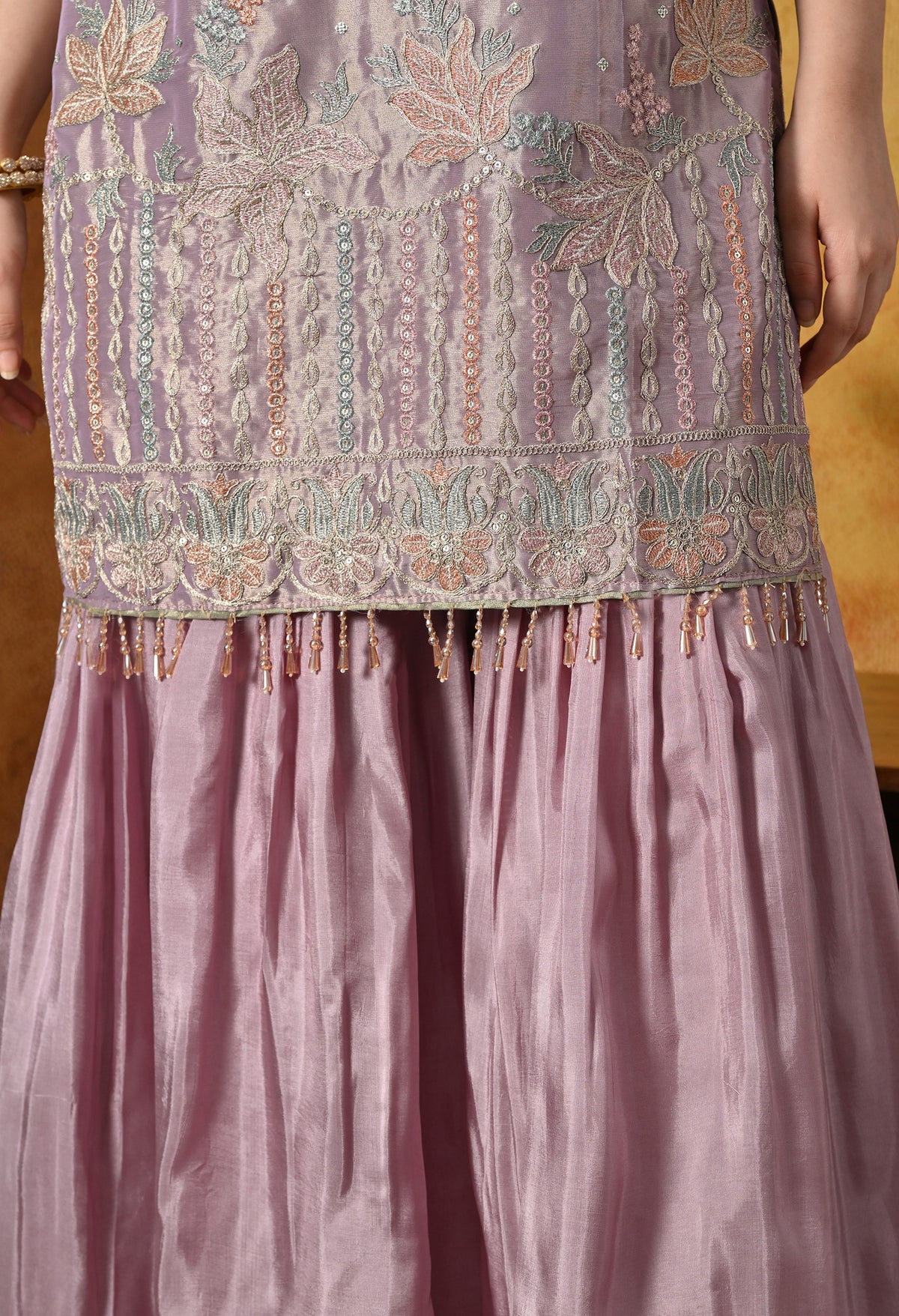 Pastel Lilac Gharara Set With Delicate Floral Embroidery & Subtle Embellishments