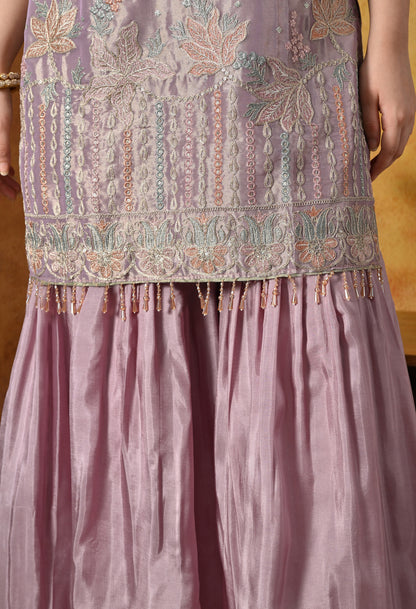 Pastel Lilac Gharara Set With Delicate Floral Embroidery & Subtle Embellishments