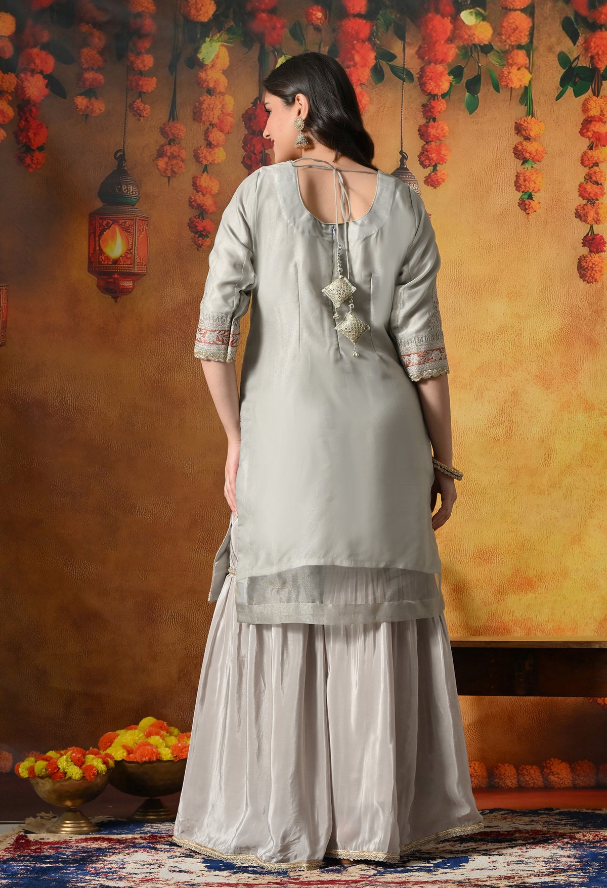 Pearl Grey Gharara Set With Delicate Zardozi & Applique Work