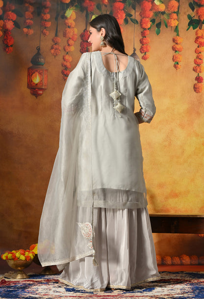 Pearl Grey Gharara Set With Delicate Zardozi & Applique Work