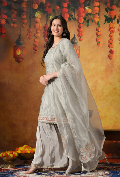 Pearl Grey Gharara Set With Delicate Zardozi & Applique Work