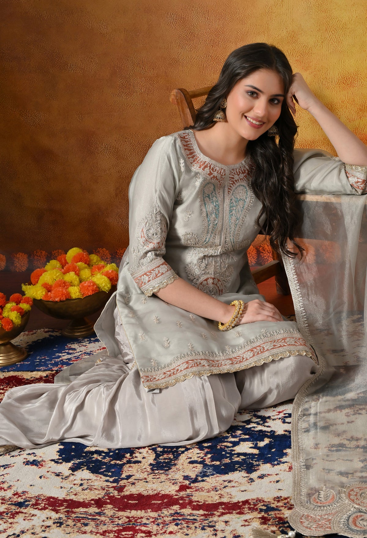 Pearl Grey Gharara Set With Delicate Zardozi & Applique Work