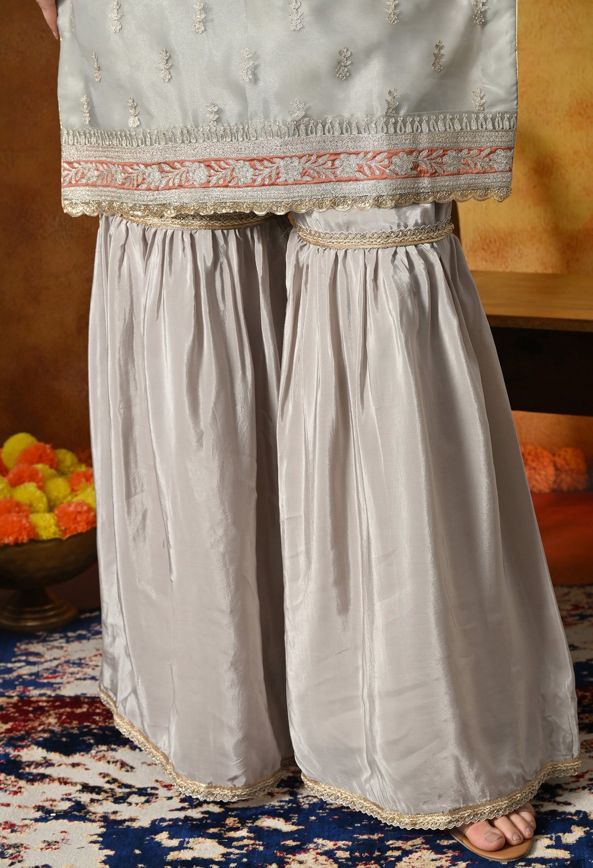 Pearl Grey Gharara Set With Delicate Zardozi & Applique Work