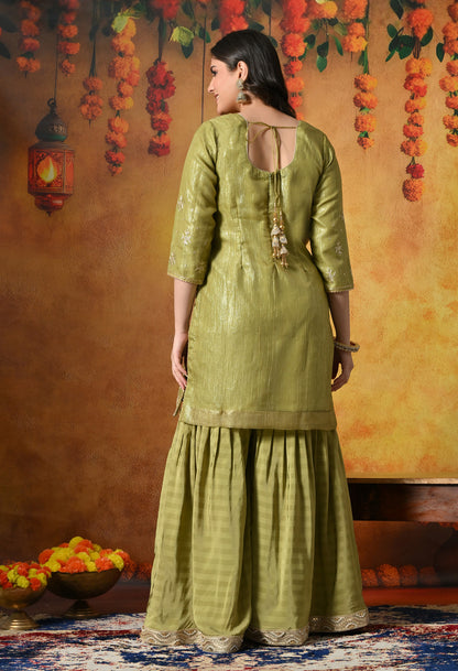 Olive Green Gharara Set With Delicate Zardozi, Dabka & Sequin Work