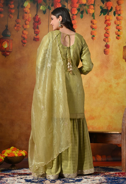 Olive Green Gharara Set With Delicate Zardozi, Dabka & Sequin Work
