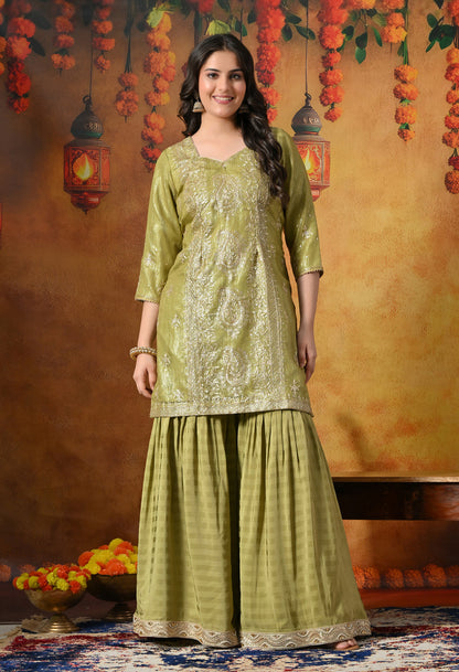 Olive Green Gharara Set With Delicate Zardozi, Dabka & Sequin Work