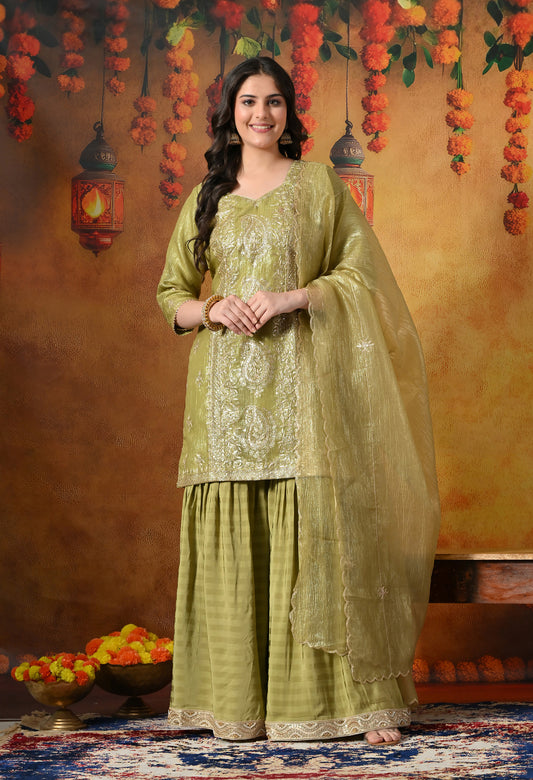 Olive Green Gharara Set With Delicate Zardozi, Dabka & Sequin Work