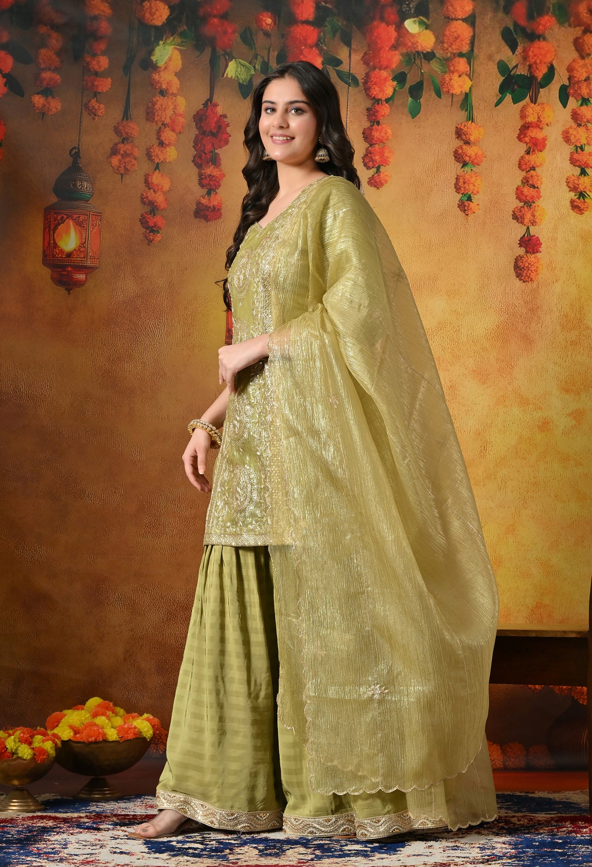 Olive Green Gharara Set With Delicate Zardozi, Dabka & Sequin Work