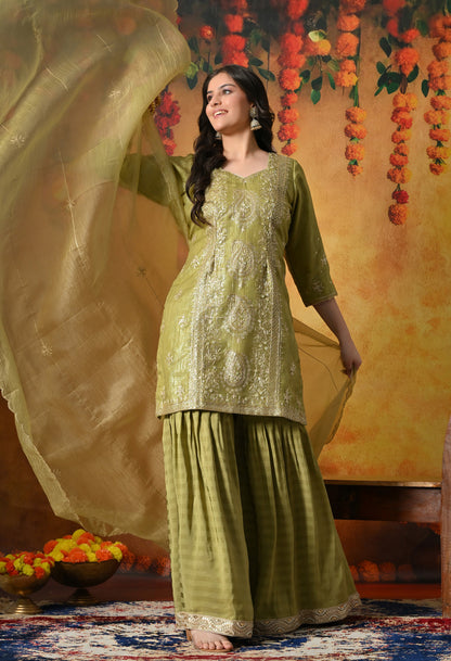 Olive Green Gharara Set With Delicate Zardozi, Dabka & Sequin Work
