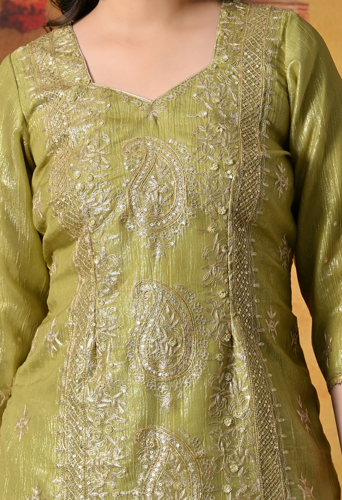 Olive Green Gharara Set With Delicate Zardozi, Dabka & Sequin Work