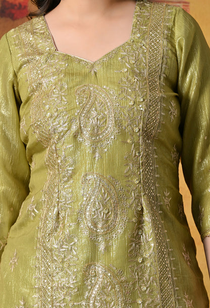 Olive Green Gharara Set With Delicate Zardozi, Dabka & Sequin Work