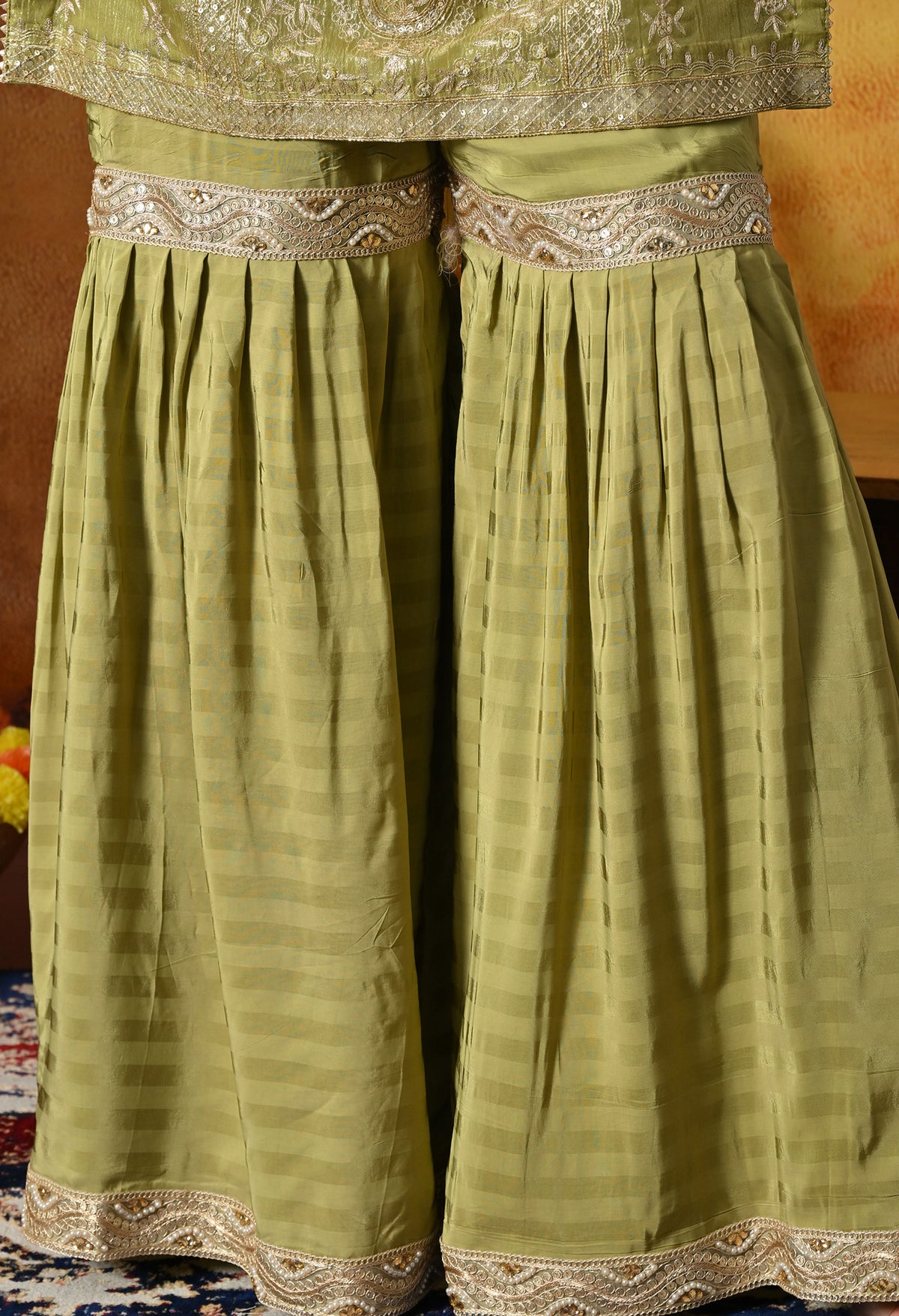 Olive Green Gharara Set With Delicate Zardozi, Dabka & Sequin Work