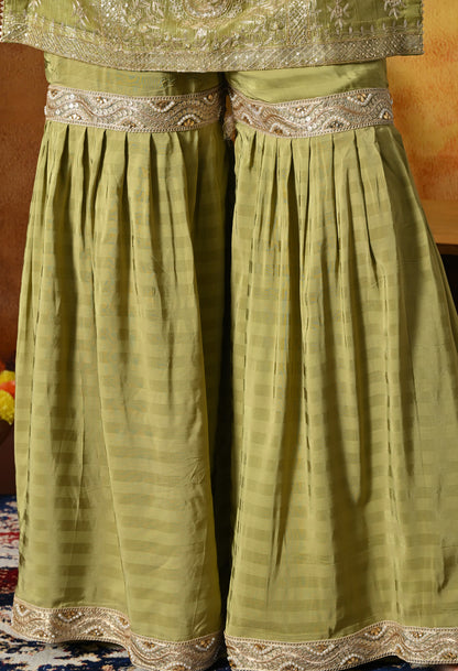 Olive Green Gharara Set With Delicate Zardozi, Dabka & Sequin Work
