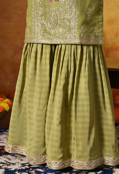 Olive Green Gharara Set With Delicate Zardozi, Dabka & Sequin Work