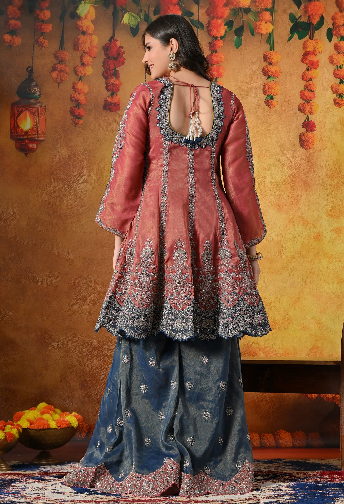 Rust Brown Sharara Set with Zardozi, Crystal, Applique & Thread Work.