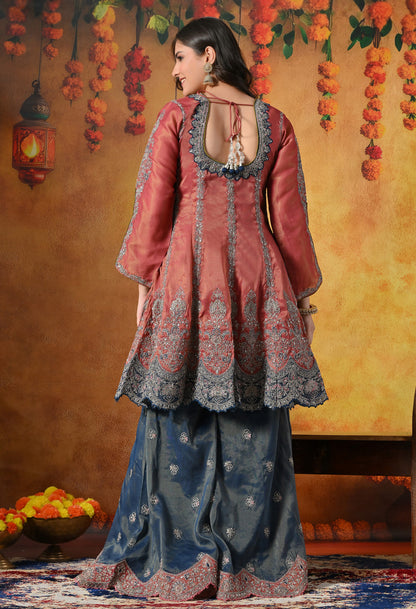 Rust Brown Sharara Set with Zardozi, Crystal, Applique & Thread Work.