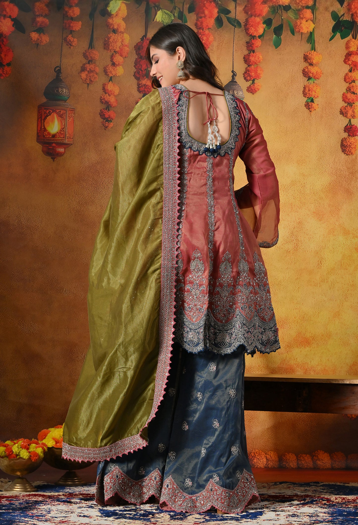 Rust Brown Sharara Set with Zardozi, Crystal, Applique & Thread Work.