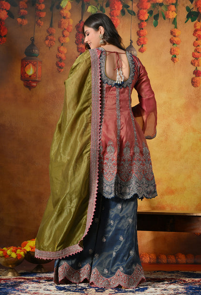 Rust Brown Sharara Set with Zardozi, Crystal, Applique & Thread Work.