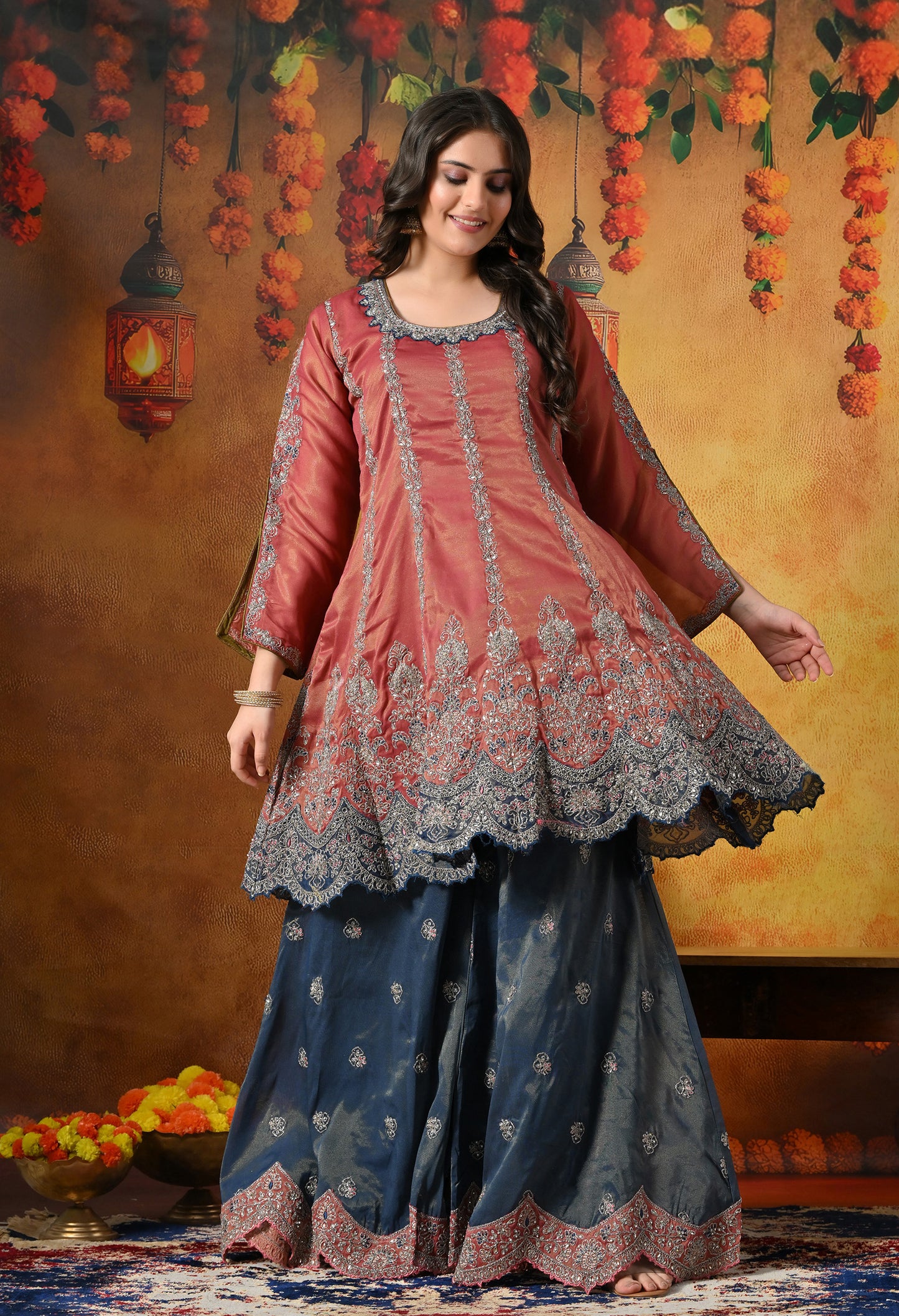 Rust Brown Sharara Set with Zardozi, Crystal, Applique & Thread Work.