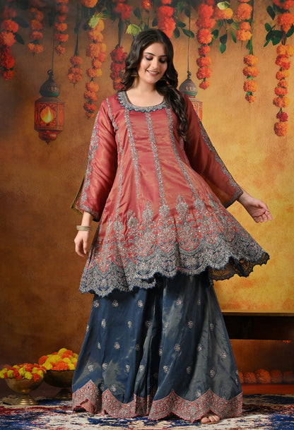 Rust Brown Sharara Set with Zardozi, Crystal, Applique & Thread Work.