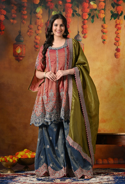 Rust Brown Sharara Set with Zardozi, Crystal, Applique & Thread Work.