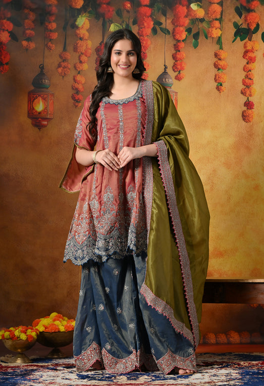 Rust Brown Sharara Set with Zardozi, Crystal, Applique & Thread Work.