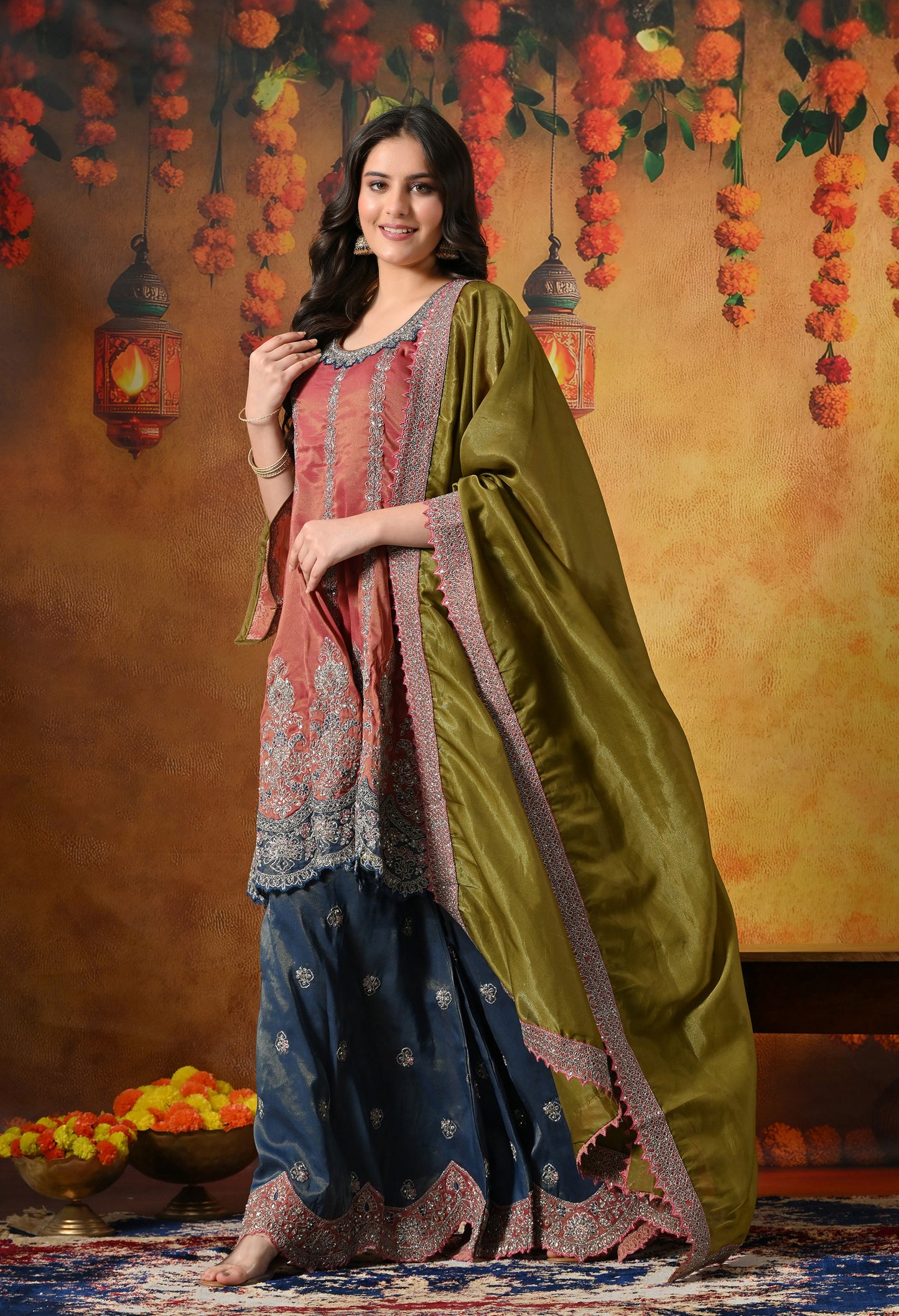 Rust Brown Sharara Set with Zardozi, Crystal, Applique & Thread Work.