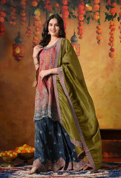 Rust Brown Sharara Set with Zardozi, Crystal, Applique & Thread Work.