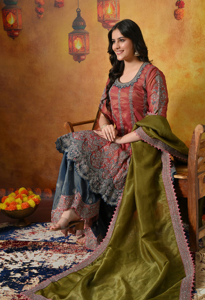 Rust Brown Sharara Set with Zardozi, Crystal, Applique & Thread Work.